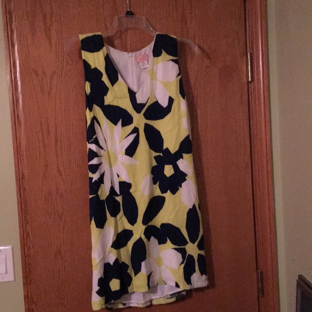 White and navy floral print with yellow dress